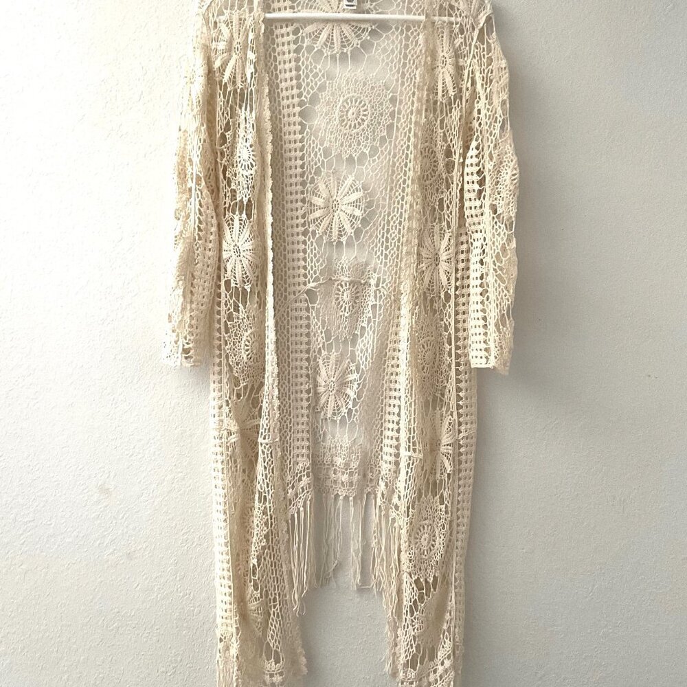 CATO CROCHET FLORAL  LACE FRINGE BOHO OPEN FRONT CARDIGAN - Picture 2 of 16